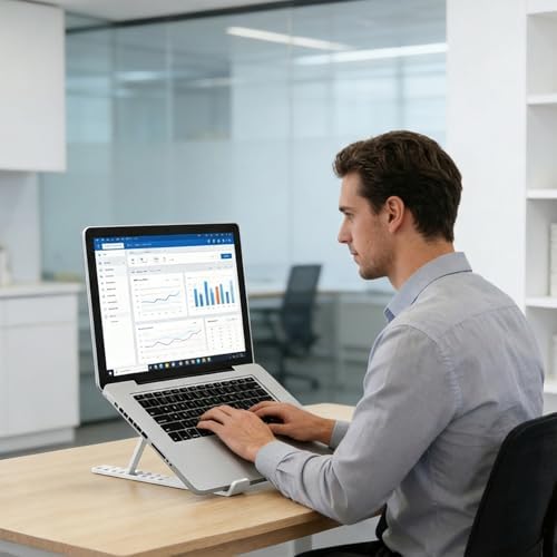 White portable tablet and laptop bracket fully expanded on an office table