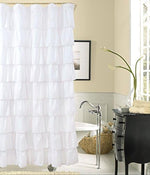 Detailed view of the seven cascading tiers of hand sewn frills on the bohemian luxury curtain panel.
