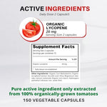 Back label of natural tomato lycopene capsules showing detailed nutrition facts and solvent free manufacturing text.