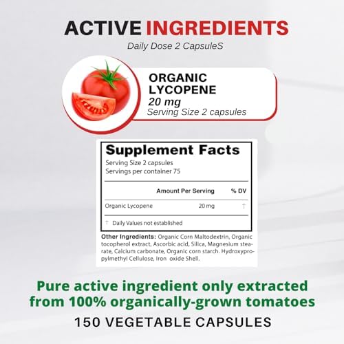 Back label of natural tomato lycopene capsules showing detailed nutrition facts and solvent free manufacturing text.