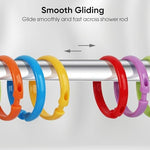 Full pack of twelve colorful circular bathroom curtain rings organized on display.