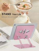 Foldable aluminum desktop mount for iPad Pro compressed into its completely flat travel position