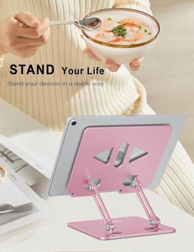 Foldable aluminum desktop mount for iPad Pro compressed into its completely flat travel position