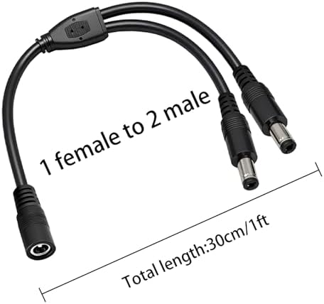 Close up view of the 5.5mm x 2.1mm female and male barrel plugs on the heavy duty wire.