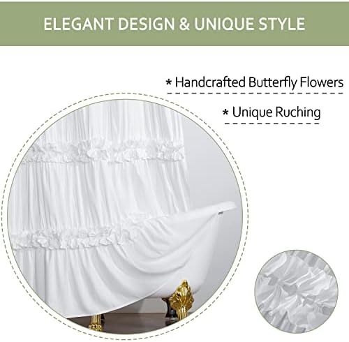 Close up view of the handcrafted bow tie and butterfly flower details on the white fabric.