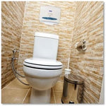 Side angle of the compact portable packaging of Scott personal seats protective restroom covers.