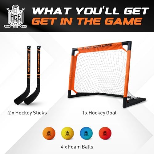 ACE HOCKEY complete two player mini hockey kit with soft foam balls displayed on the floor.