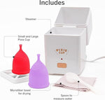 Pink and purple medical grade silicone menstrual cups with portable steam sterilizer