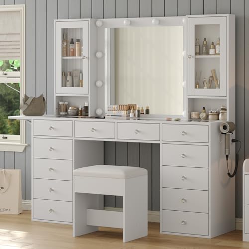 White dressing table with high definition Hollywood mirror showing warm light mode
