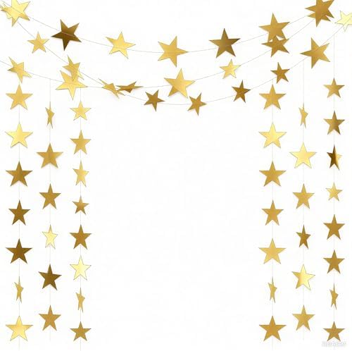 Double sided reflective paper star streamers draped elegantly across a white living room ceiling.