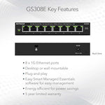 Netgear GS308E network hub showcasing the durable gray metal casing and compact desktop design.