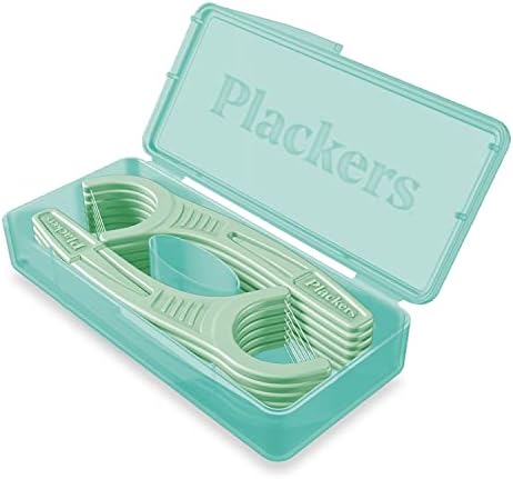 Plackers portable travel case with blue dental floss picks inside
