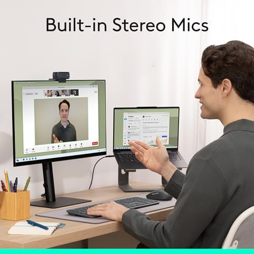 Logitech full high-definition video conferencing camera displaying its flexible mounting clip base for desktop setups.