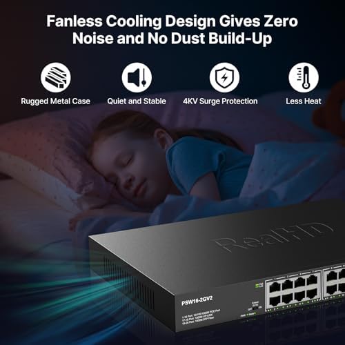 Real HD 300W power over Ethernet switch enclosed in durable black metal housing side view