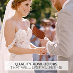 Close up of gold foil wedding vows text on vow book cover