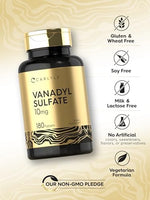 Close up of the non GMO and gluten free certification seals on Carlyle Vanadyl Sulfate bottle