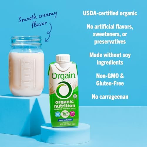 Top view of Orgain non GMO organic certified meal replacement nutritional shake four count box