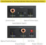 PROZOR 192K bidirectional audio splitter showing optical and coaxial ports with input switch