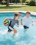 Kids and adults playing with the durable floating beach football set by a lake.