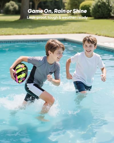 Kids and adults playing with the durable floating beach football set by a lake.