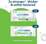 Thicker and softer unscented WaterWipes hydrating boost wet wipe being pulled from the single pack
