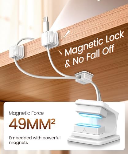 GolbinBox glow in the dark cable holders emitting a soft light in a dark bedroom next to a nightstand