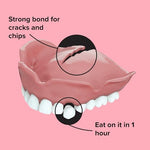 Back of the packaging showing safety warnings and denture material compatibility details.