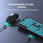 Close up of oversized high contrast key letters on a rechargeable wireless desktop keyboard.