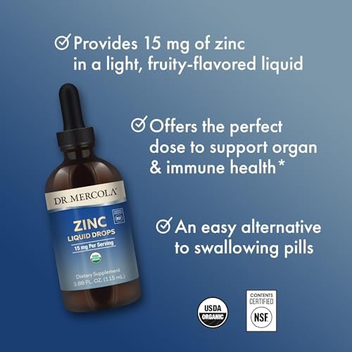 Natural apple flavored Dr Mercola liquid zinc wellness supplement bottle standing upright