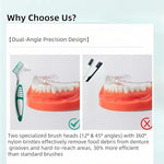 Two pack color-coded premium denture toothbrushes inside their portable travel storage case