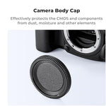 Durable black plastic camera body caps showing secure bayonet alignment ridges for dust protection.