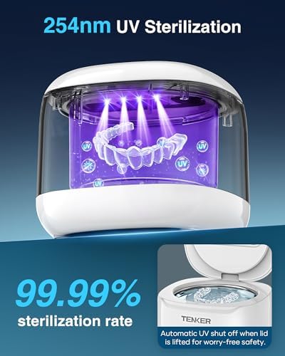 Tenker ultrasonic cleaner machine showcasing the blue UV sterilization light in action inside the pod.