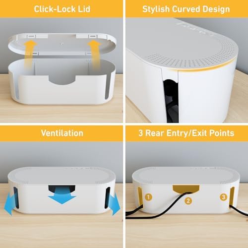 D-Line small white cable tidy box hiding television cables on a living room floor