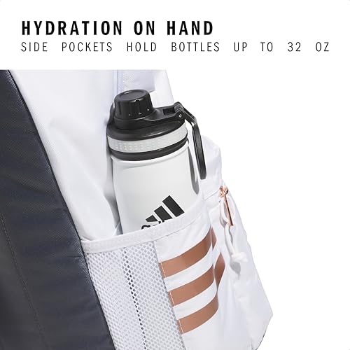 White and rose gold Adidas Three Stripe daypack top zipper view