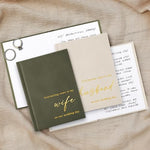 Close up of sage green and beige velvet wedding vow covers