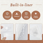 Waterproof faux linen shower curtain fabric showing water beads repelling off the surface.