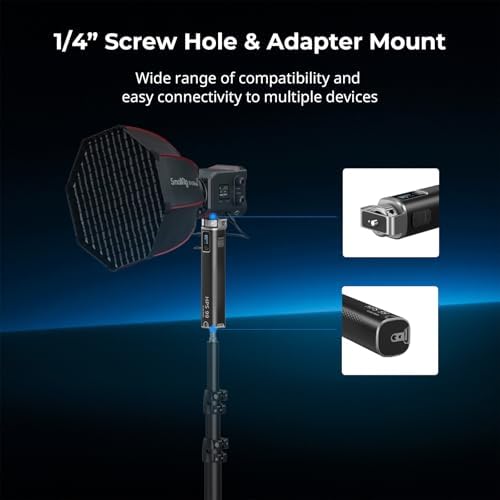 SmallRig power stick handle attached to a portable COB LED studio video light showing handheld operation