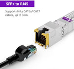 XZSNET copper SFP+ module showing RJ45 port and metal casing