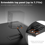 Putorsen cantilever speaker stands showing space-saving desk clearance