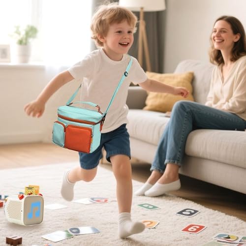 Amiumuca large capacity storage case packed with kids headphones and audio accessories.