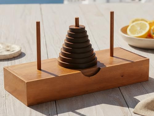 BSIRI Tower of Hanoi puzzle showing the wooden storage base box holding the nine rings and pegs securely.