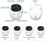 Fency rechargeable bedwetting alarm receiver showing vibration and sound mode buttons.