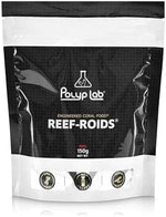 Polyp Lab Reef Roids marine coral food container highlighting authentic USA imported product labeling.