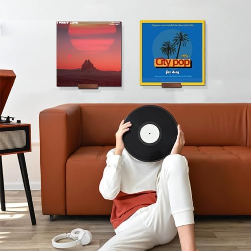 Living room decor featuring authentic wooden album display brackets