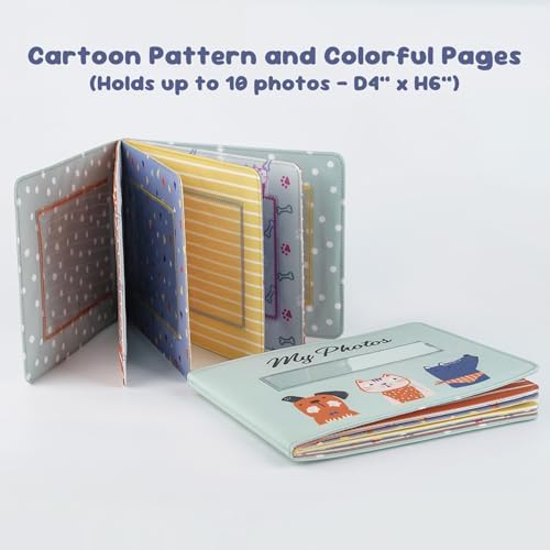 Fanna plush baby memory book opened to display internal colorful pages with clear photo pockets