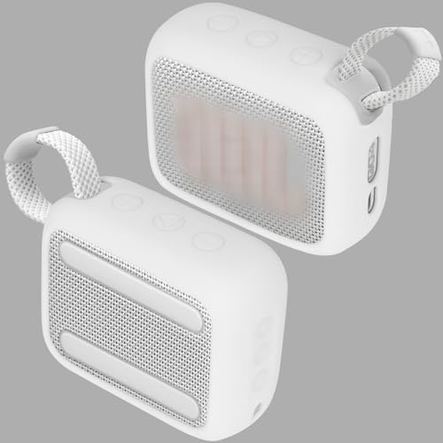 Lebakort white silicone protective speaker case with included metallic carabiner clip.