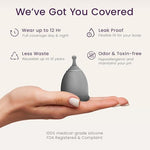 EcoBlossom Gray Large menstrual cup set with cylindrical storage tube.