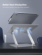 Ergonomic computer holder with large stable base supporting a silver laptop at eye level