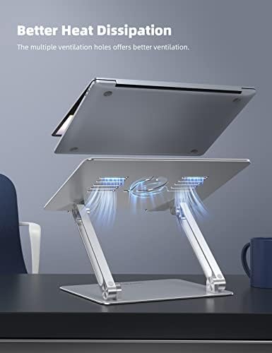 Ergonomic computer holder with large stable base supporting a silver laptop at eye level