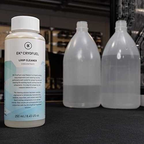 EKWB liquid cooling system and radiator cleaner concentrate showing product labeling and mix ratio details.